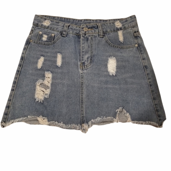 Distressed Ripped Frayed Denim Mini Skirt - Picture 1 of 11